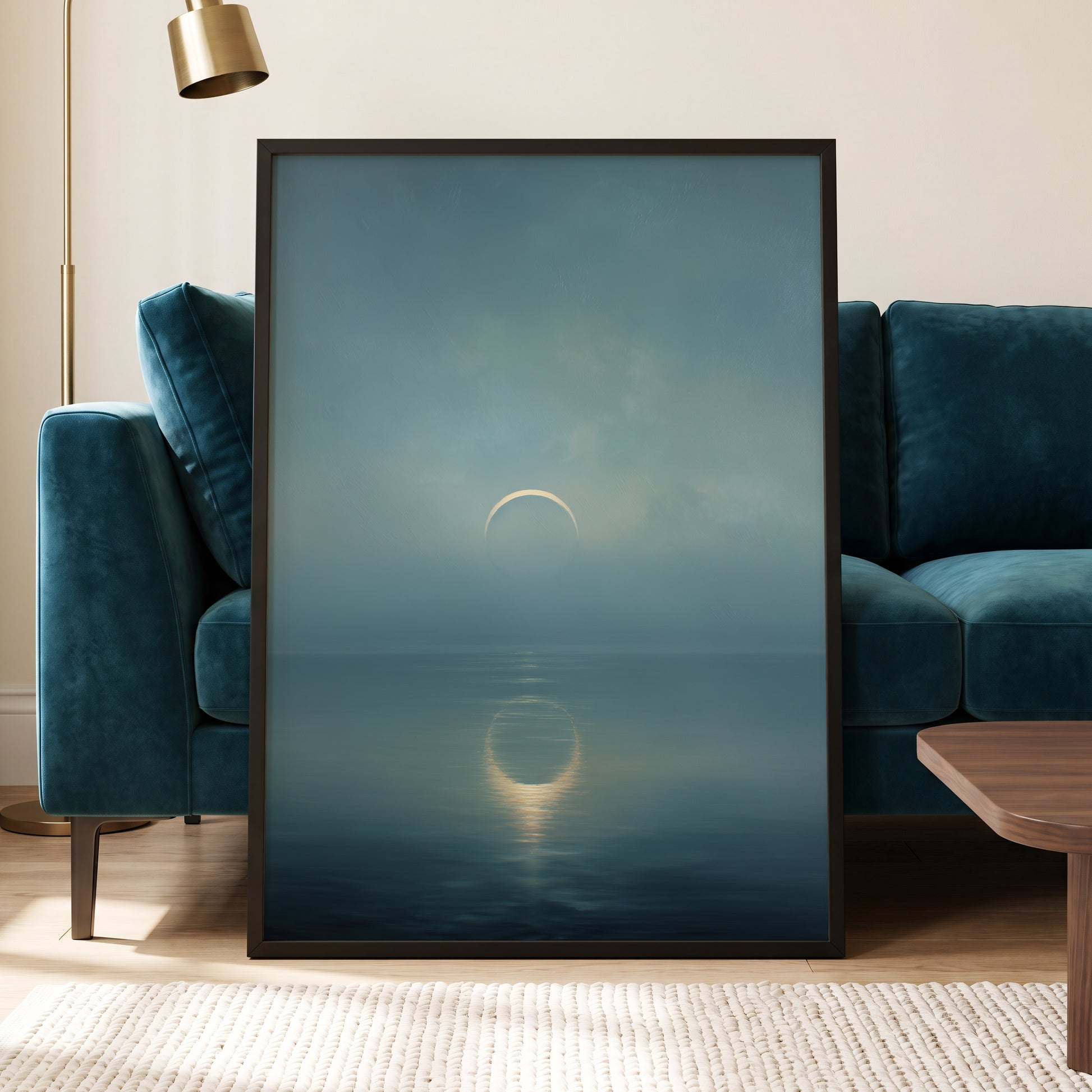Stillwater Crescent, blue, gray, gold nature wall art displayed in a styled interior, gallery view 6