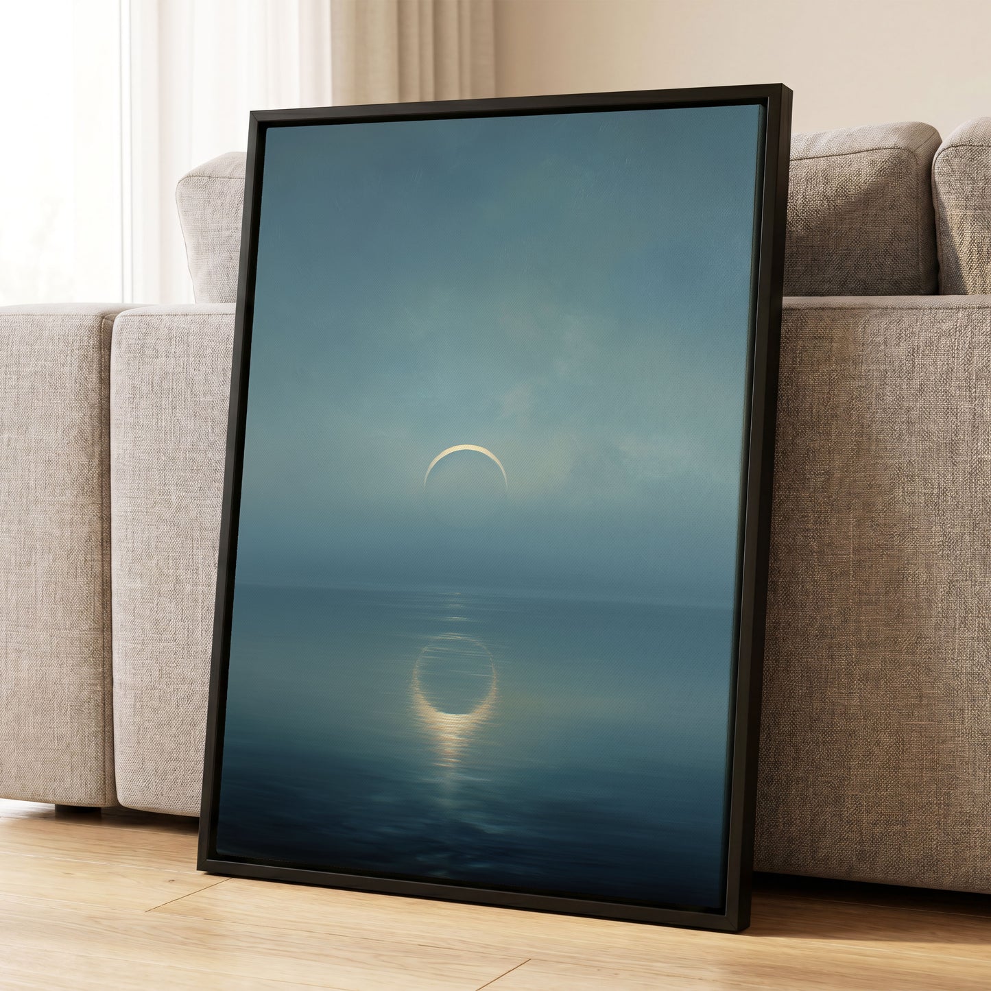 Stillwater Crescent, blue, gray, gold nature wall art displayed in a styled interior, gallery view 8