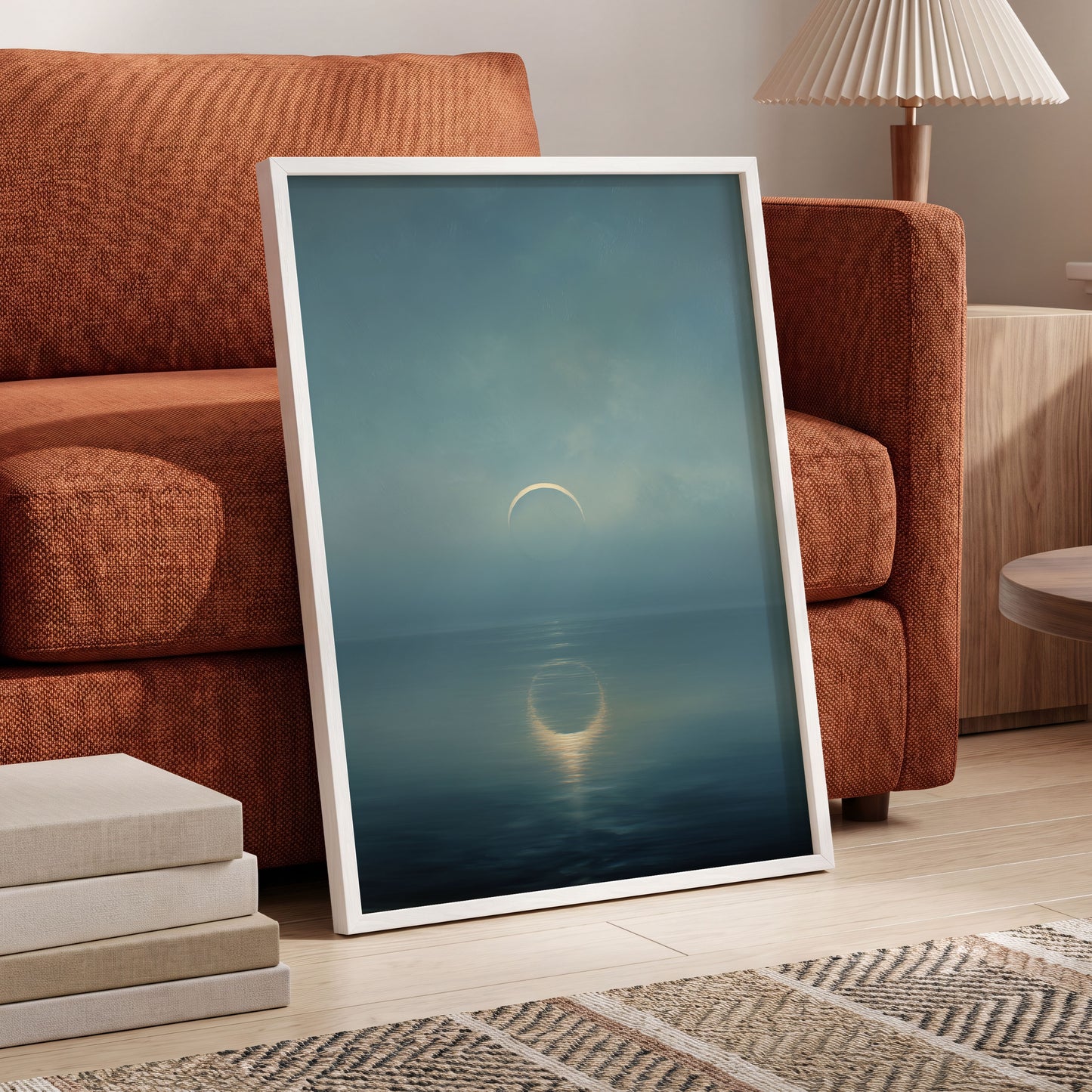 Stillwater Crescent, blue, gray, gold nature wall art displayed in a styled interior, gallery view 9