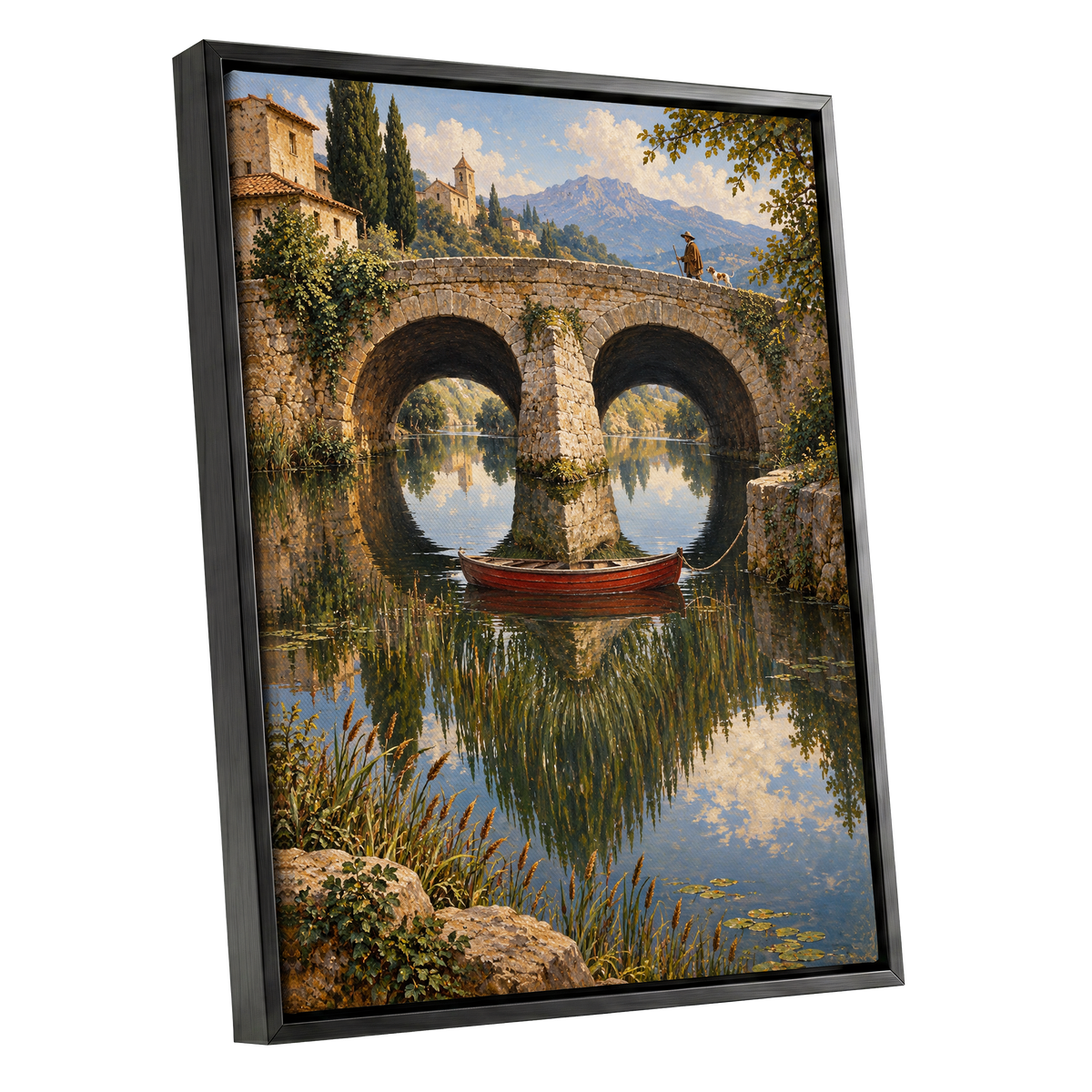 Stillwater Crossing, green, blue, beige nature wall art shown as a black framed canvas wall art