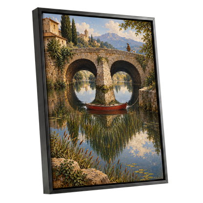 Stillwater Crossing, green, blue, beige nature wall art shown as a black framed canvas wall art