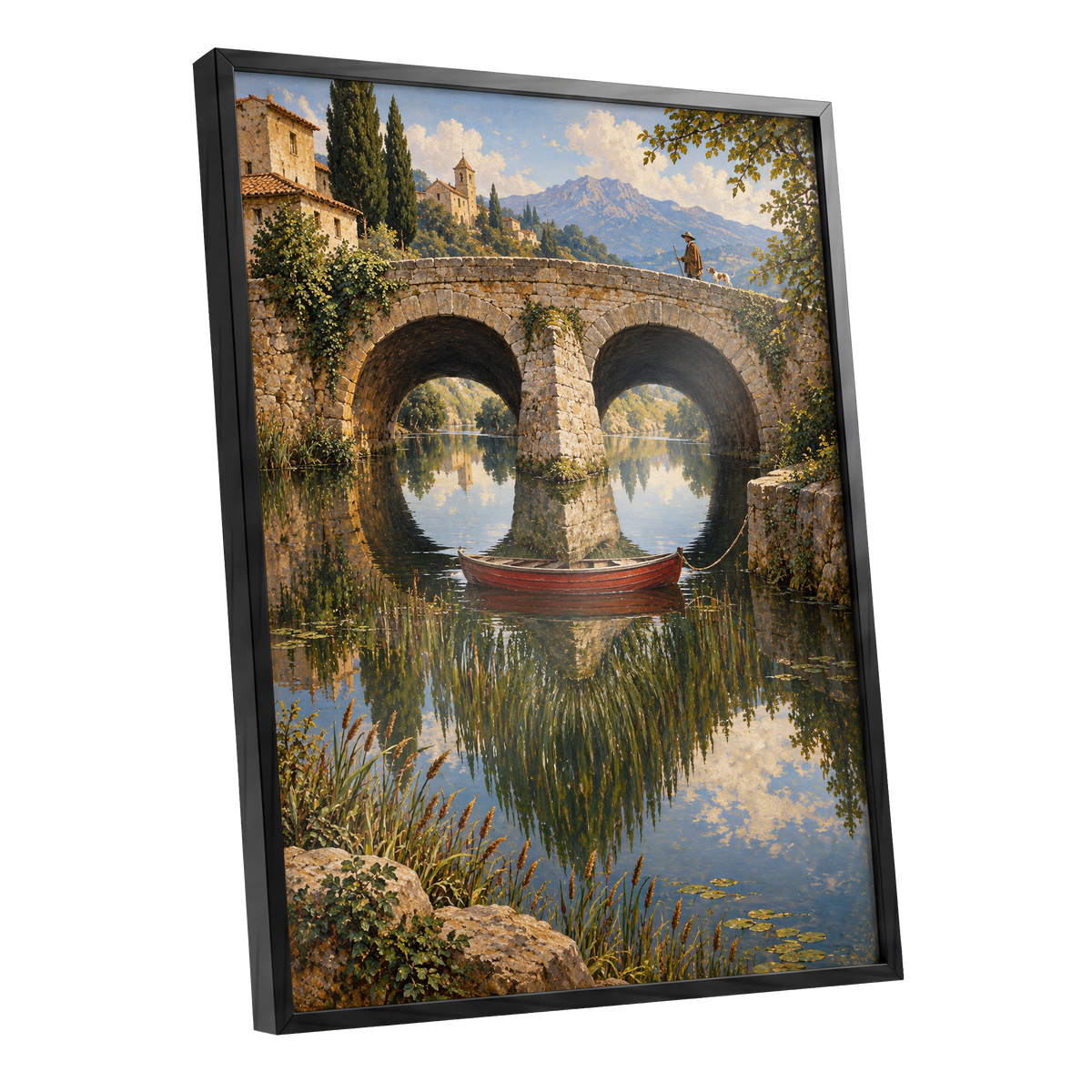 Stillwater Crossing, green, blue, beige nature wall art shown as a black framed poster wall art print