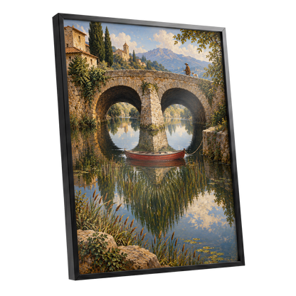 Stillwater Crossing, green, blue, beige nature wall art shown as a black framed poster wall art print