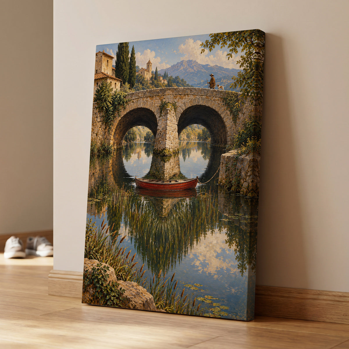 Stillwater Crossing, green, blue, beige nature wall art on canvas displayed in a styled interior, gallery view 1