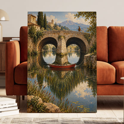 Stillwater Crossing, green, blue, beige nature wall art on canvas displayed in a styled interior, gallery view 2