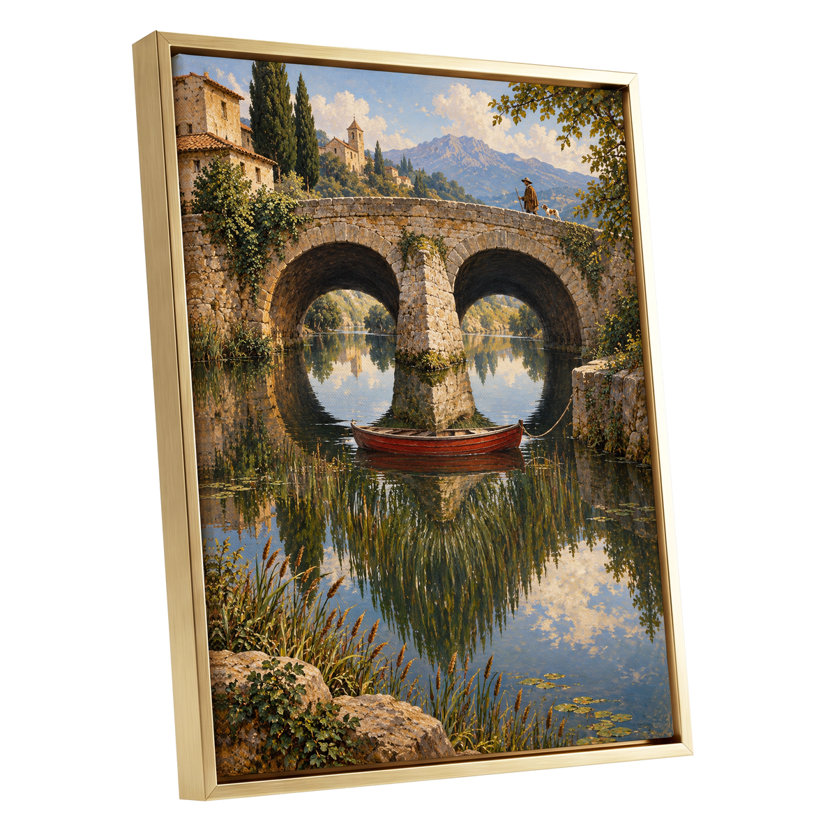 Stillwater Crossing, green, blue, beige nature wall art shown as a gold framed canvas wall art