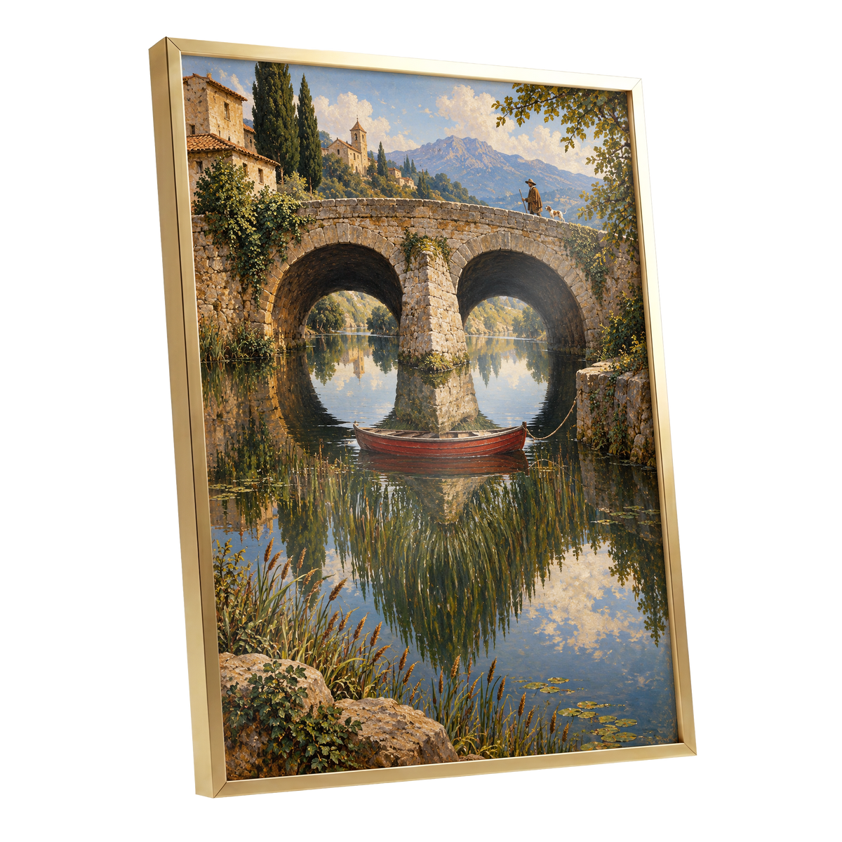 Stillwater Crossing, green, blue, beige nature wall art shown as a gold framed poster wall art print