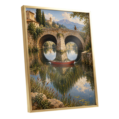 Stillwater Crossing, green, blue, beige nature wall art shown as a gold framed poster wall art print