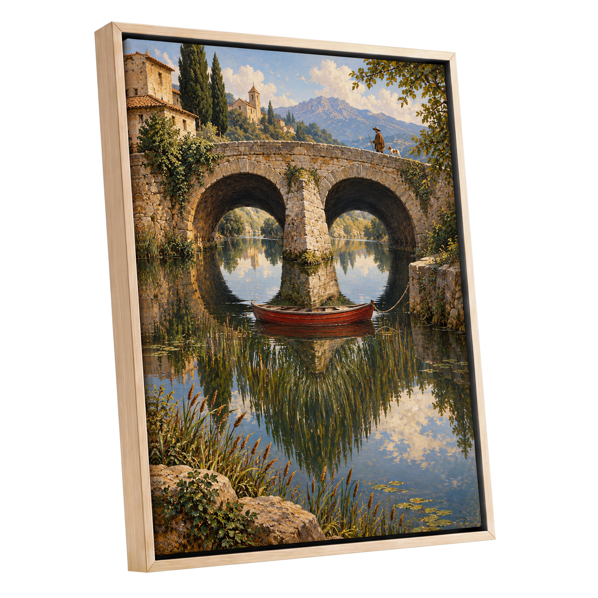 Stillwater Crossing, green, blue, beige nature wall art shown as a oak framed canvas wall art