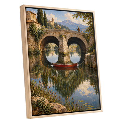 Stillwater Crossing, green, blue, beige nature wall art shown as a oak framed canvas wall art