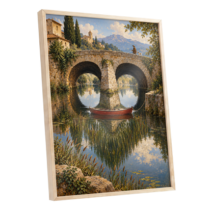 Stillwater Crossing, green, blue, beige nature wall art shown as a oak framed poster wall art print