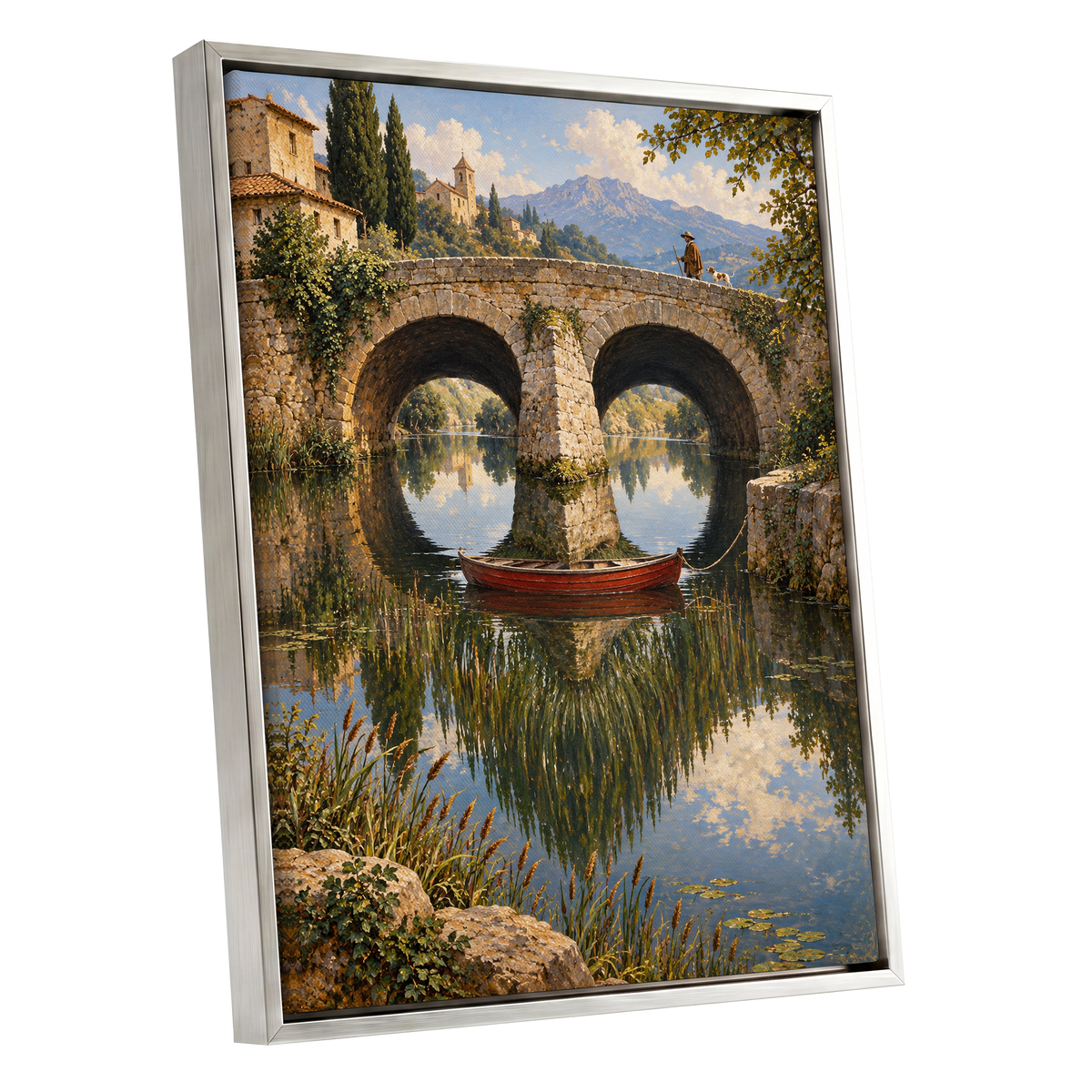 Stillwater Crossing, green, blue, beige nature wall art shown as a silver framed canvas wall art