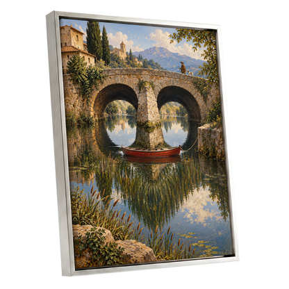 Stillwater Crossing, green, blue, beige nature wall art shown as a silver framed canvas wall art