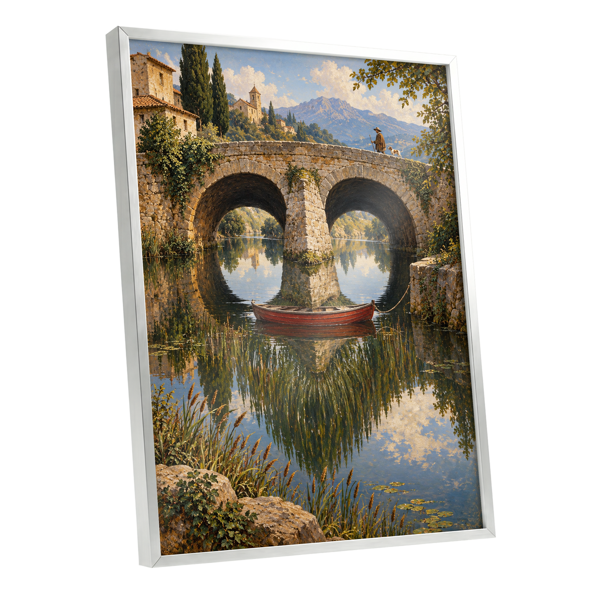 Stillwater Crossing, green, blue, beige nature wall art shown as a silver framed poster wall art print