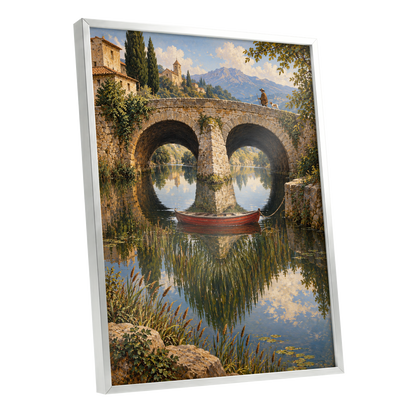 Stillwater Crossing, green, blue, beige nature wall art shown as a silver framed poster wall art print