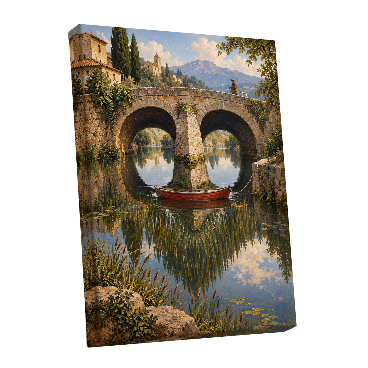 Stillwater Crossing, green, blue, beige nature wall art shown as a stretched canvas wall art