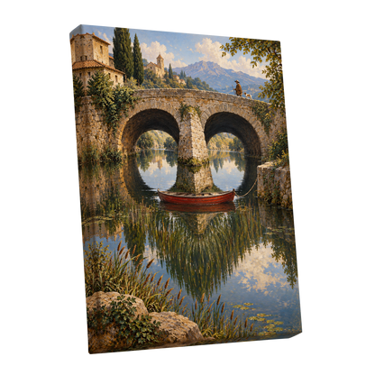 Stillwater Crossing, green, blue, beige nature wall art shown as a stretched canvas wall art