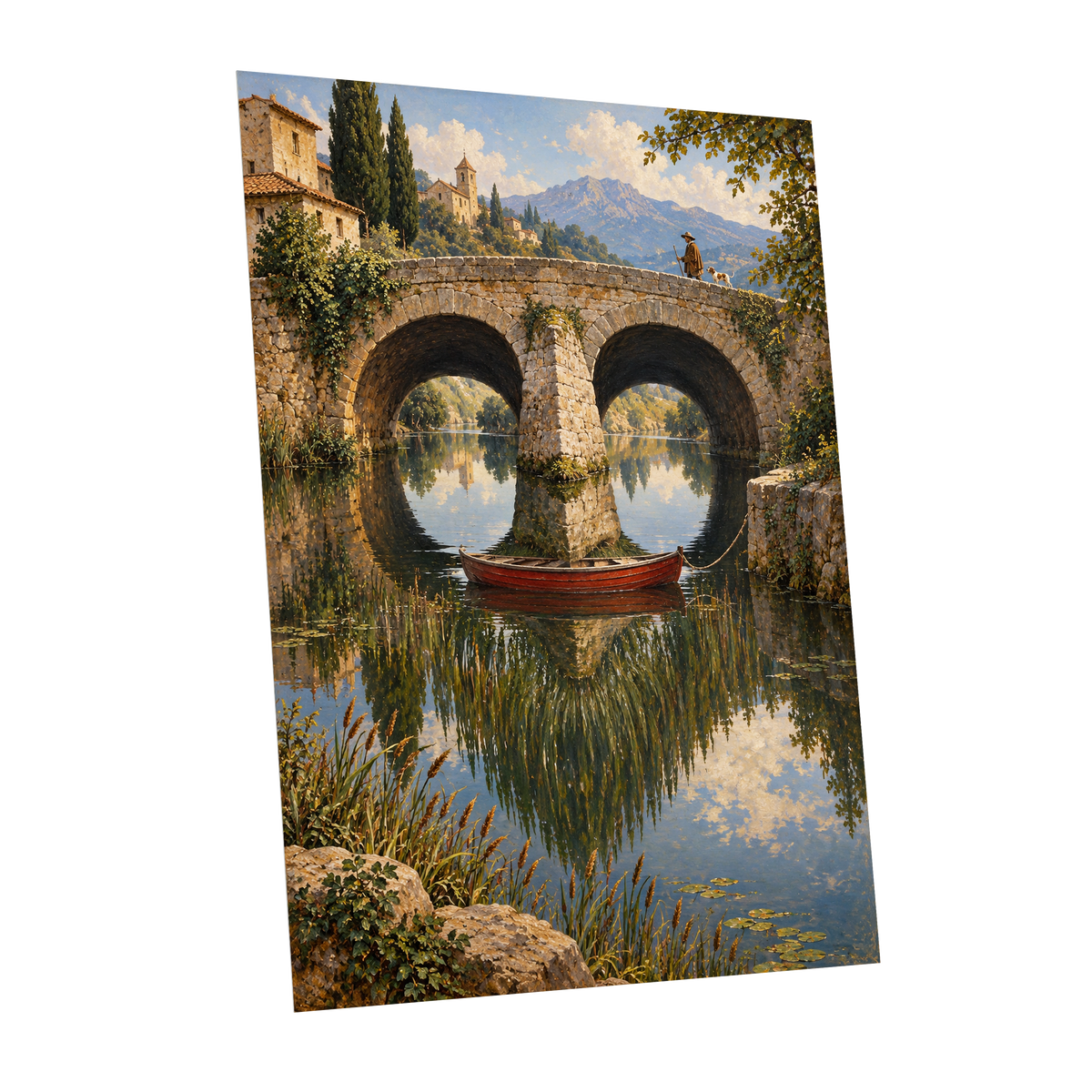 Stillwater Crossing, green, blue, beige nature wall art shown as a unframed poster wall art print