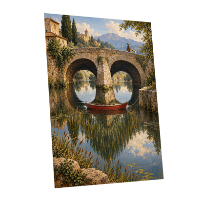 Stillwater Crossing, green, blue, beige nature wall art shown as a unframed poster wall art print