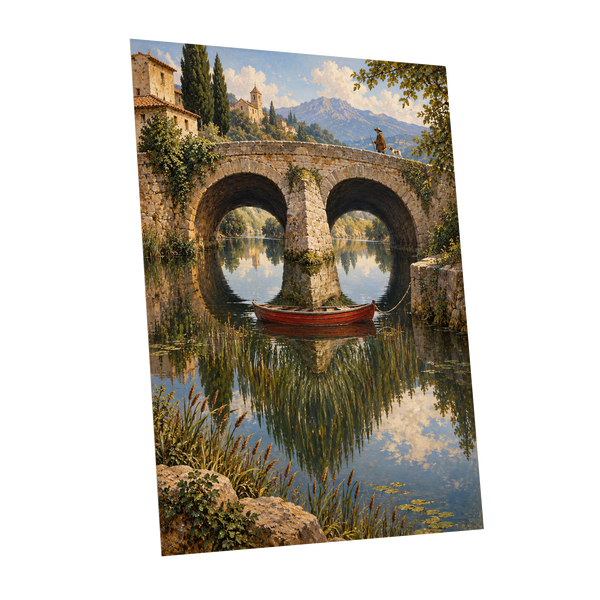 Stillwater Crossing, green, blue, beige nature wall art shown as a unframed poster wall art print