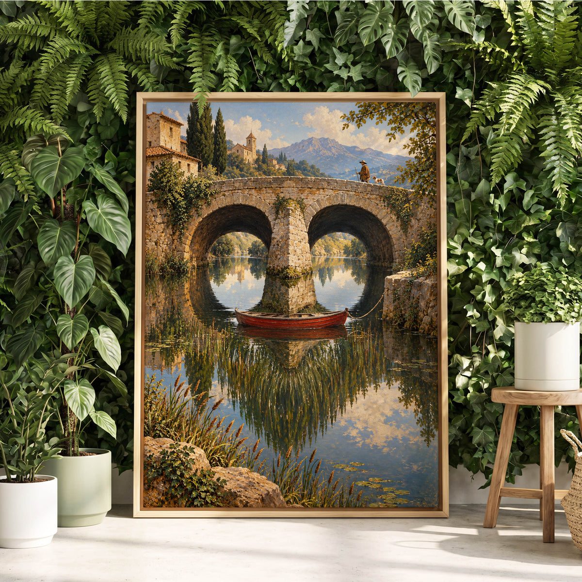 Stillwater Crossing, green, blue, beige nature wall art displayed in a styled interior, gallery view 1