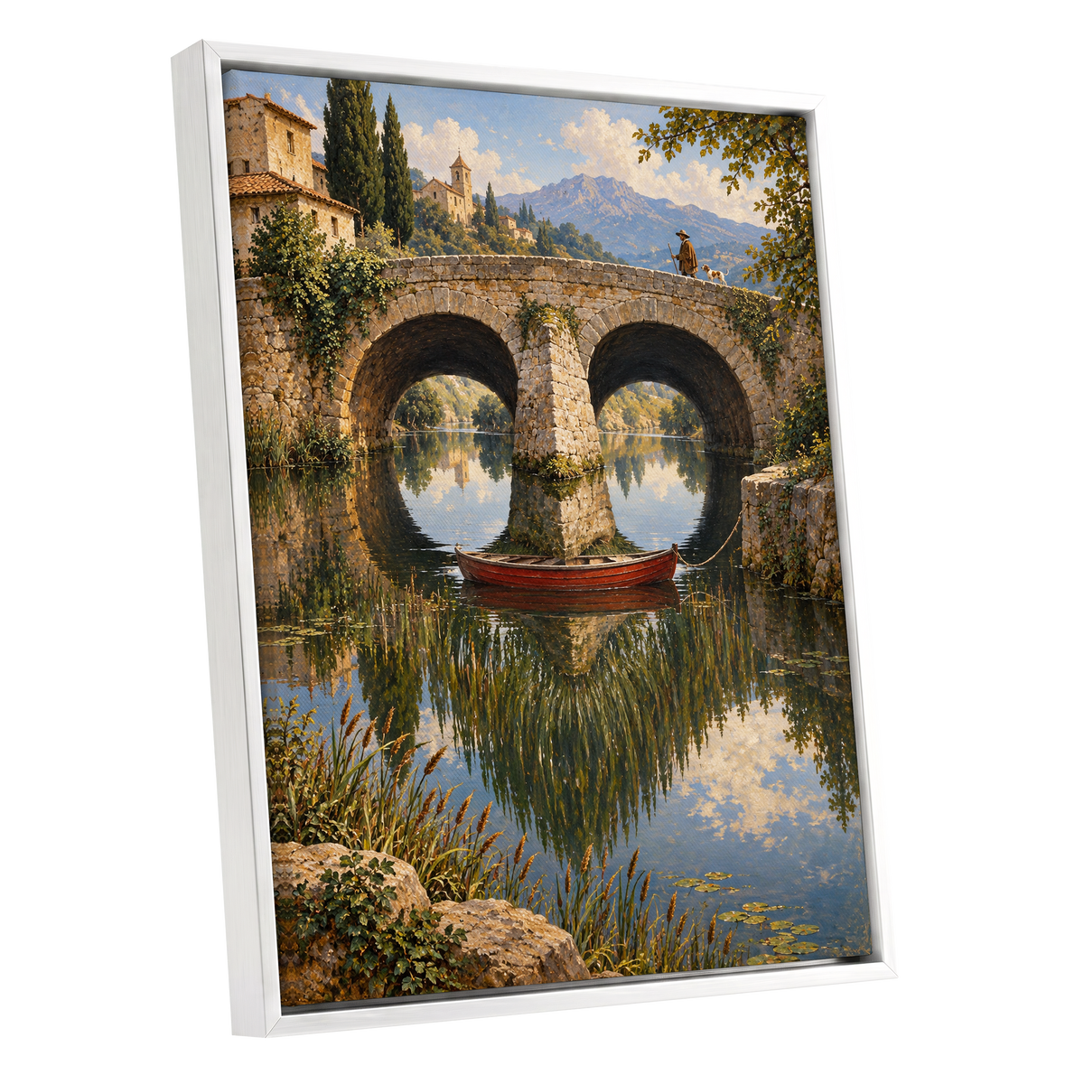 Stillwater Crossing, green, blue, beige nature wall art shown as a white framed canvas wall art