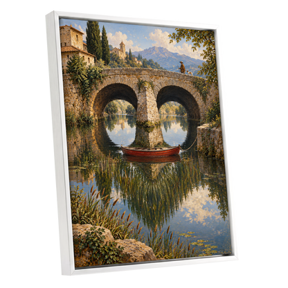 Stillwater Crossing, green, blue, beige nature wall art shown as a white framed canvas wall art