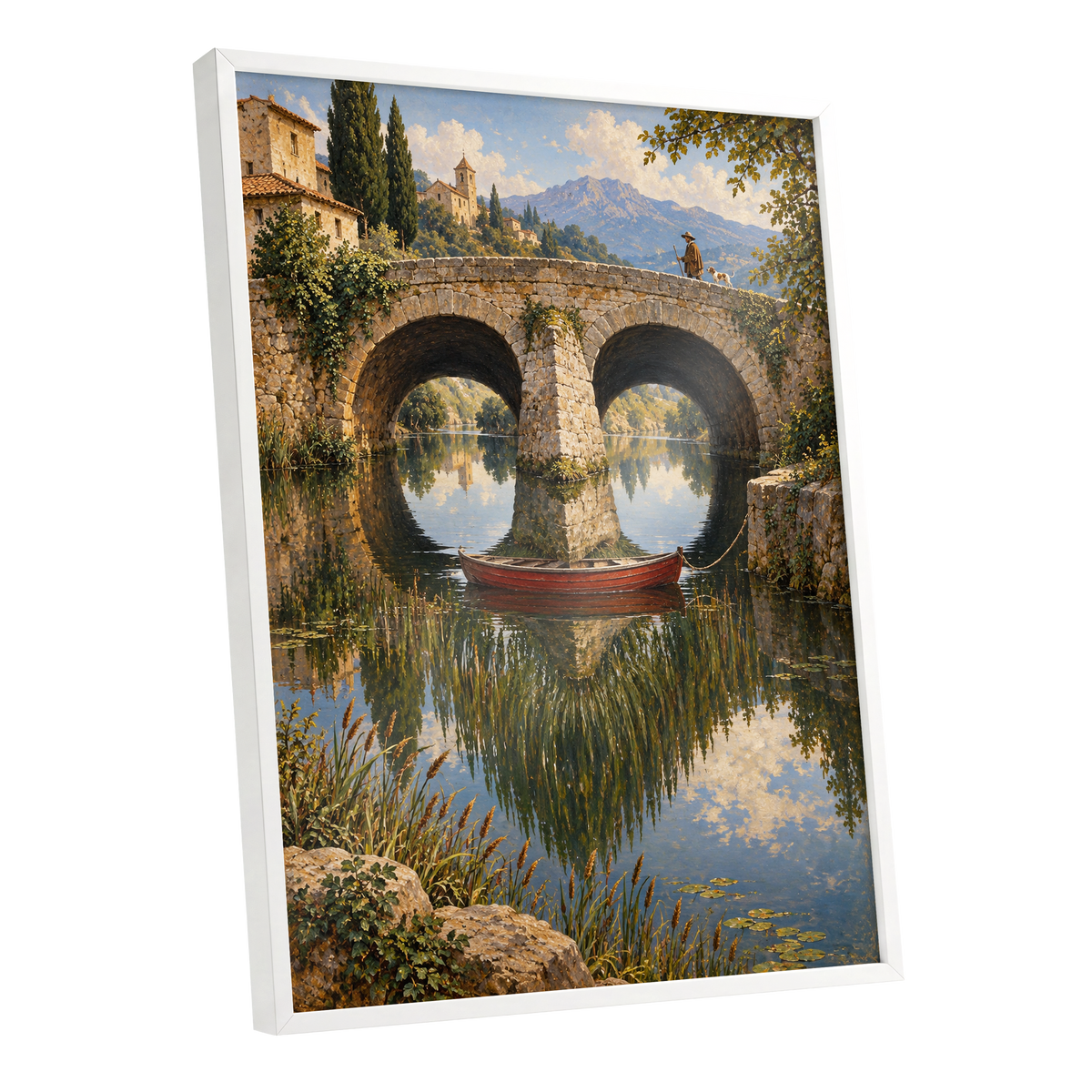 Stillwater Crossing, green, blue, beige nature wall art shown as a white framed poster wall art print