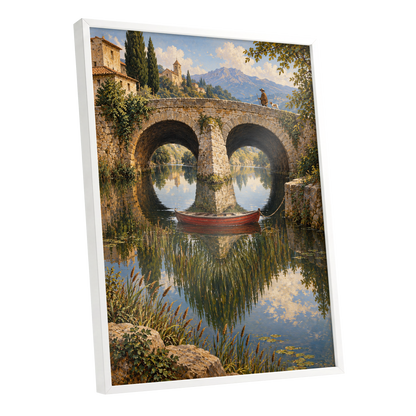 Stillwater Crossing, green, blue, beige nature wall art shown as a white framed poster wall art print