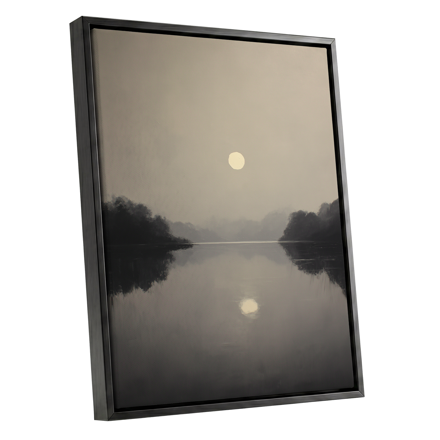 Stillwater Glow, gray, beige, black nature wall art shown as a black framed canvas wall art