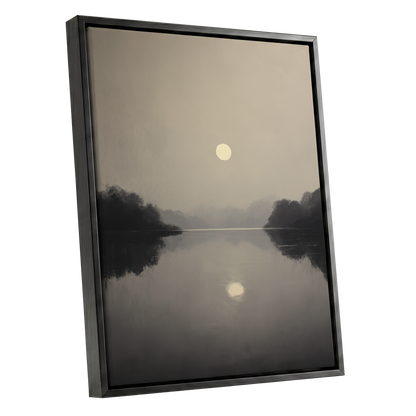Stillwater Glow, gray, beige, black nature wall art shown as a black framed canvas wall art