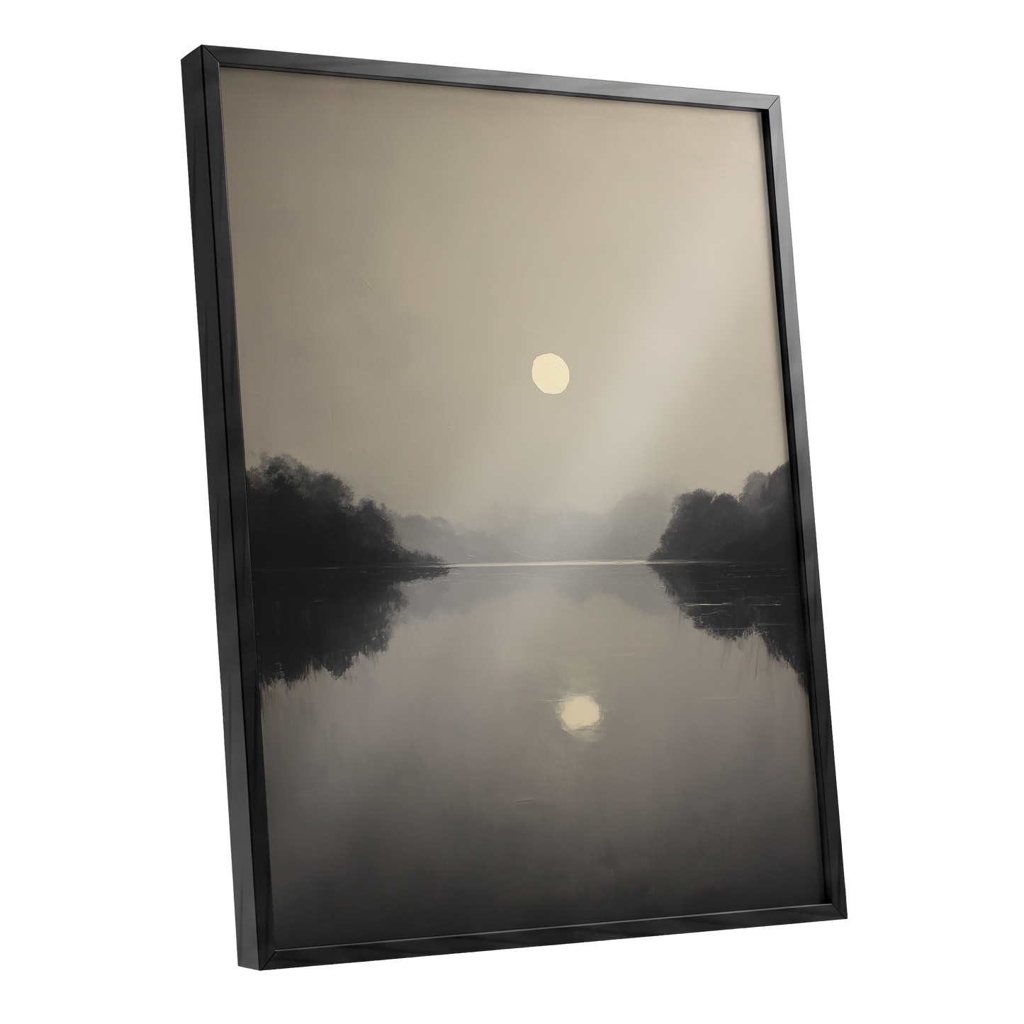 Stillwater Glow, gray, beige, black nature wall art shown as a black framed poster wall art print