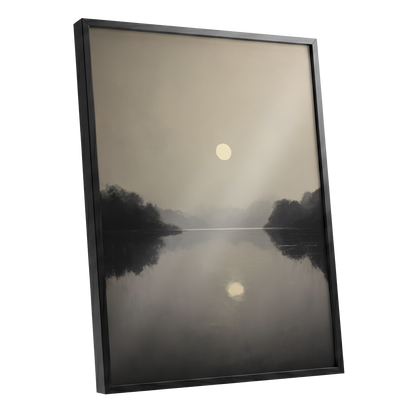 Stillwater Glow, gray, beige, black nature wall art shown as a black framed poster wall art print