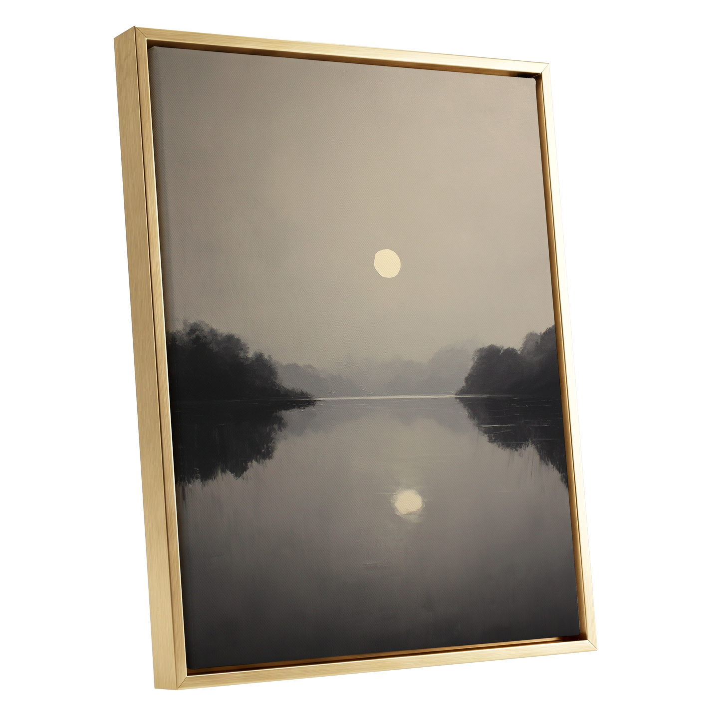Stillwater Glow, gray, beige, black nature wall art shown as a gold framed canvas wall art
