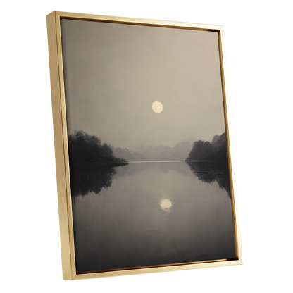 Stillwater Glow, gray, beige, black nature wall art shown as a gold framed canvas wall art