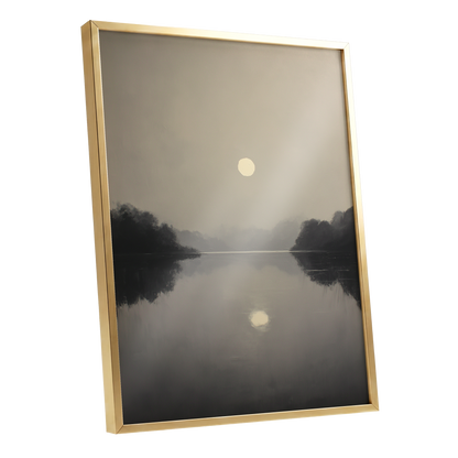 Stillwater Glow, gray, beige, black nature wall art shown as a gold framed poster wall art print