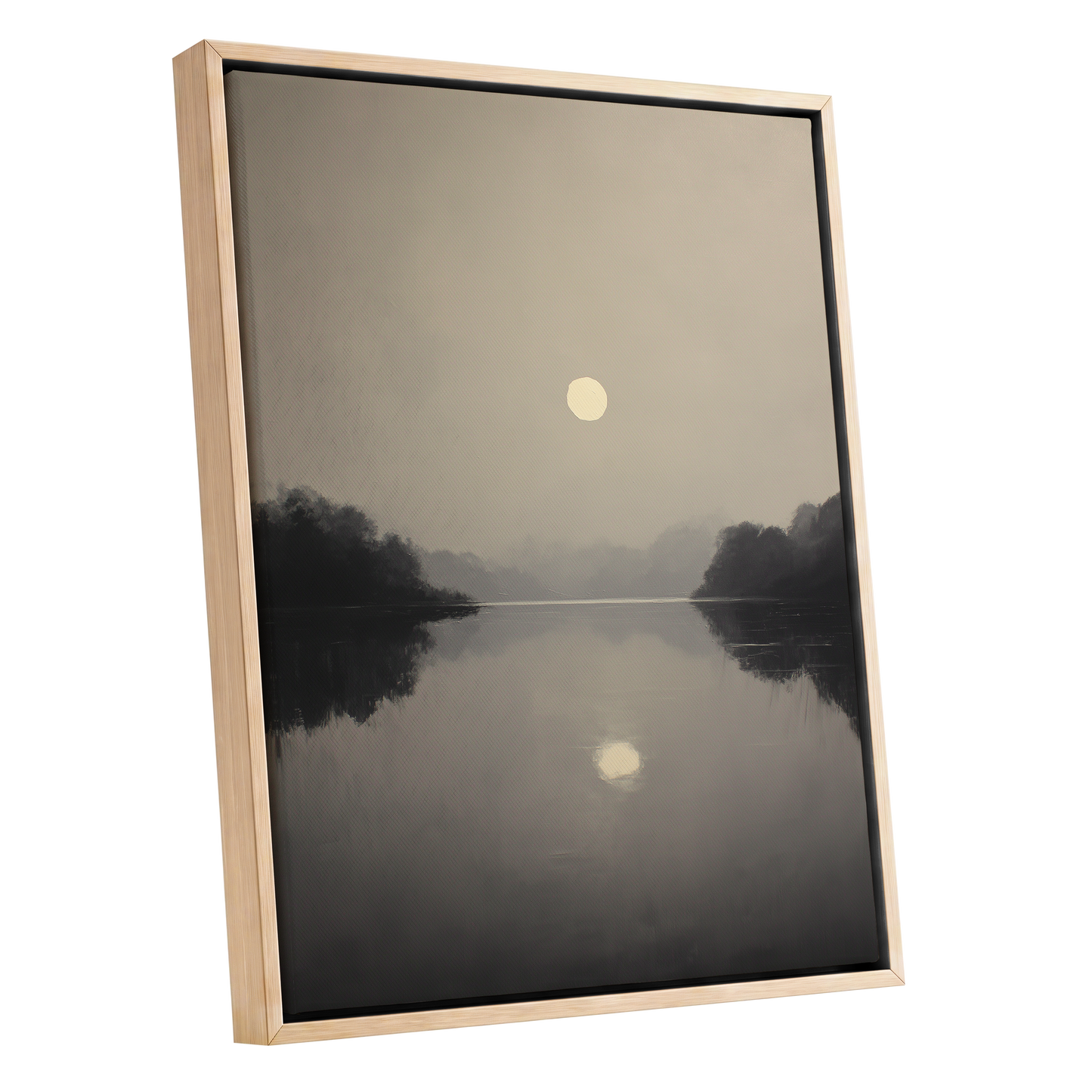 Stillwater Glow, gray, beige, black nature wall art shown as a oak framed canvas wall art