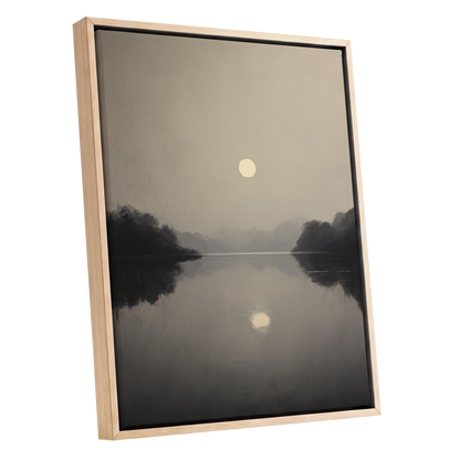 Stillwater Glow, gray, beige, black nature wall art shown as a oak framed canvas wall art