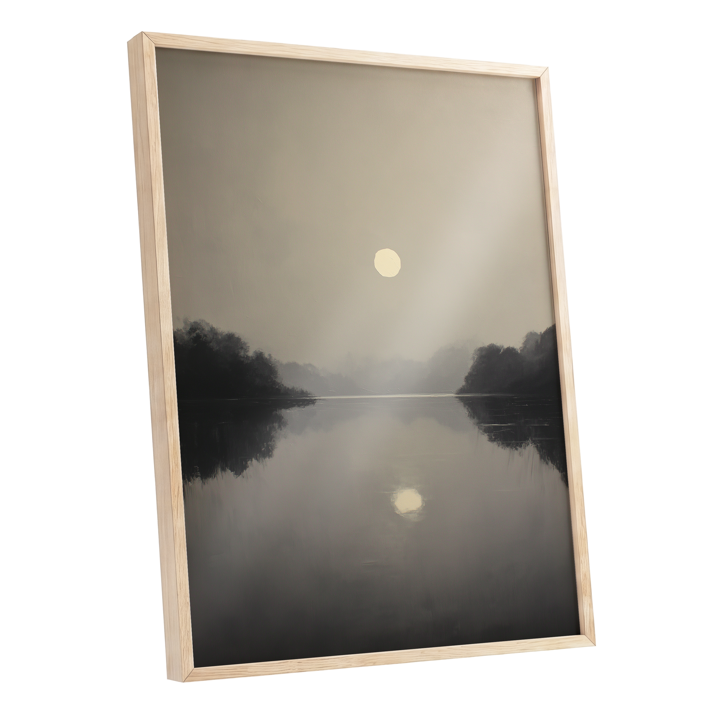 Stillwater Glow, gray, beige, black nature wall art shown as a oak framed poster wall art print