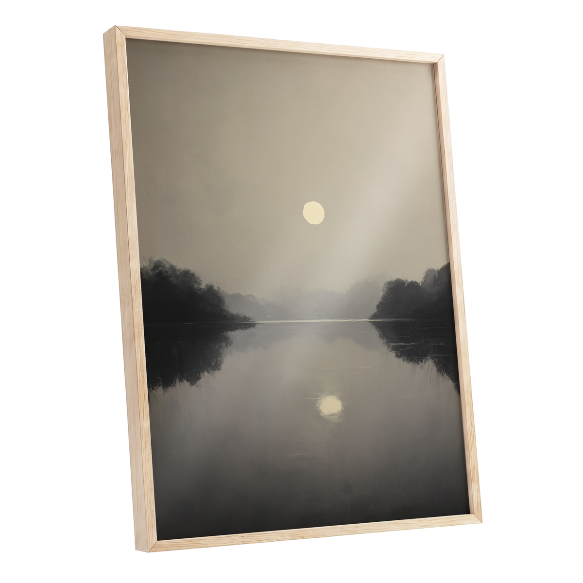 Stillwater Glow, gray, beige, black nature wall art shown as a oak framed poster wall art print