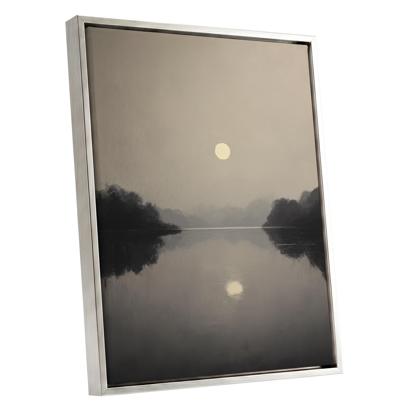 Stillwater Glow, gray, beige, black nature wall art shown as a silver framed canvas wall art