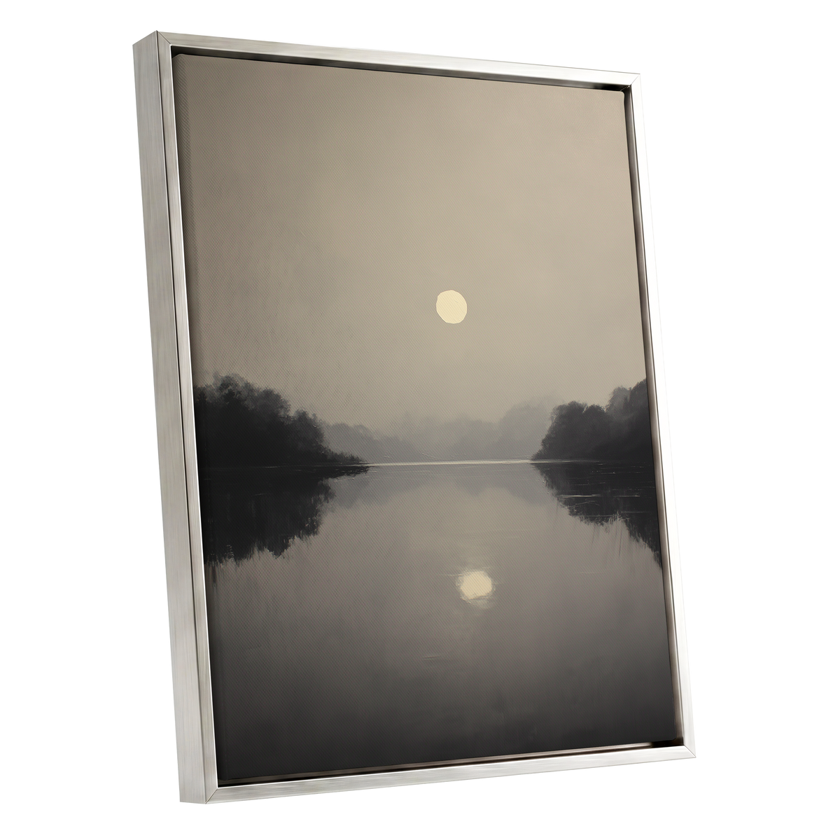 Stillwater Glow, gray, beige, black nature wall art shown as a silver framed canvas wall art