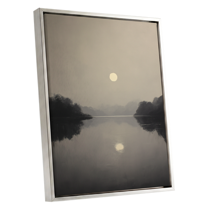 Stillwater Glow, gray, beige, black nature wall art shown as a silver framed canvas wall art