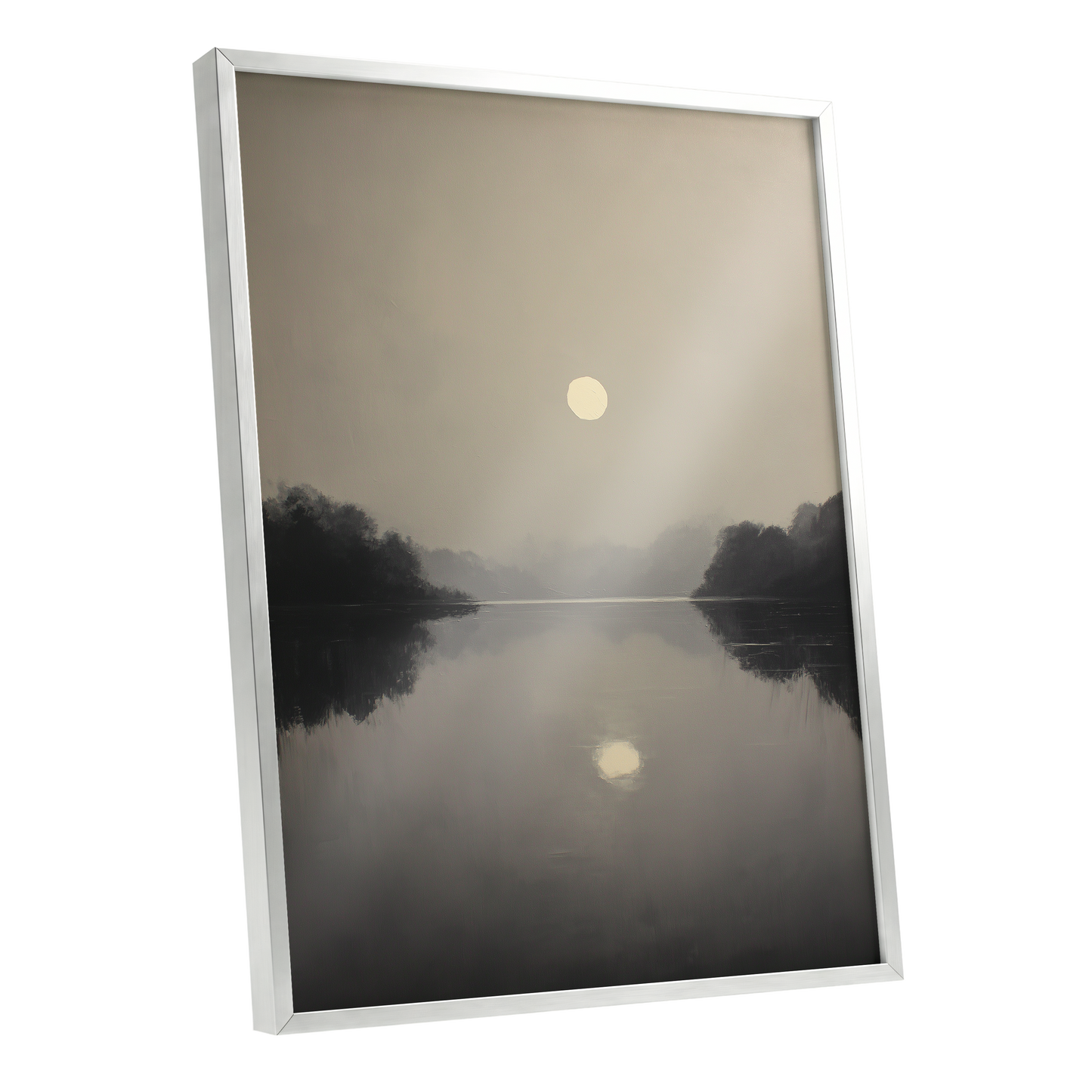Stillwater Glow, gray, beige, black nature wall art shown as a silver framed poster wall art print