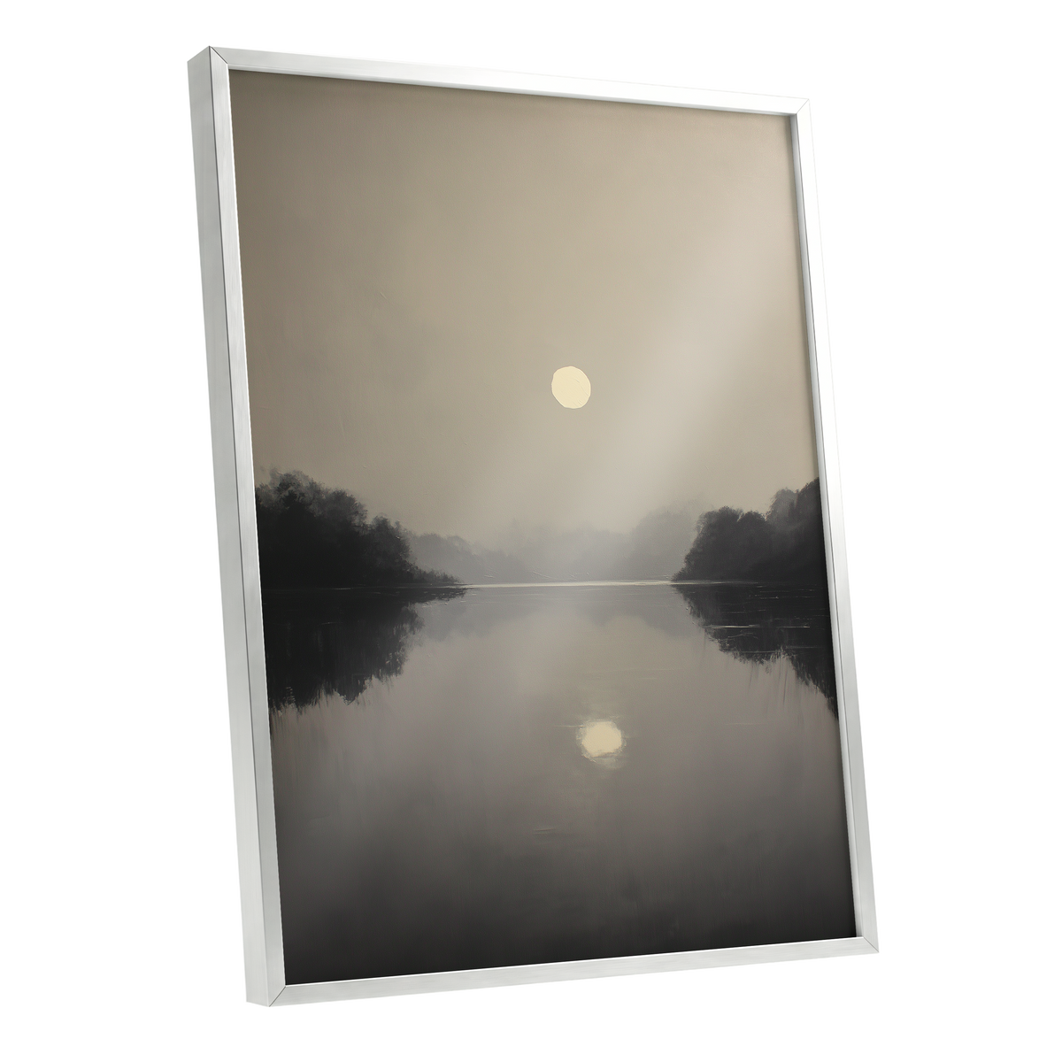 Stillwater Glow, gray, beige, black nature wall art shown as a silver framed poster wall art print