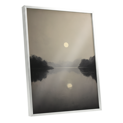Stillwater Glow, gray, beige, black nature wall art shown as a silver framed poster wall art print