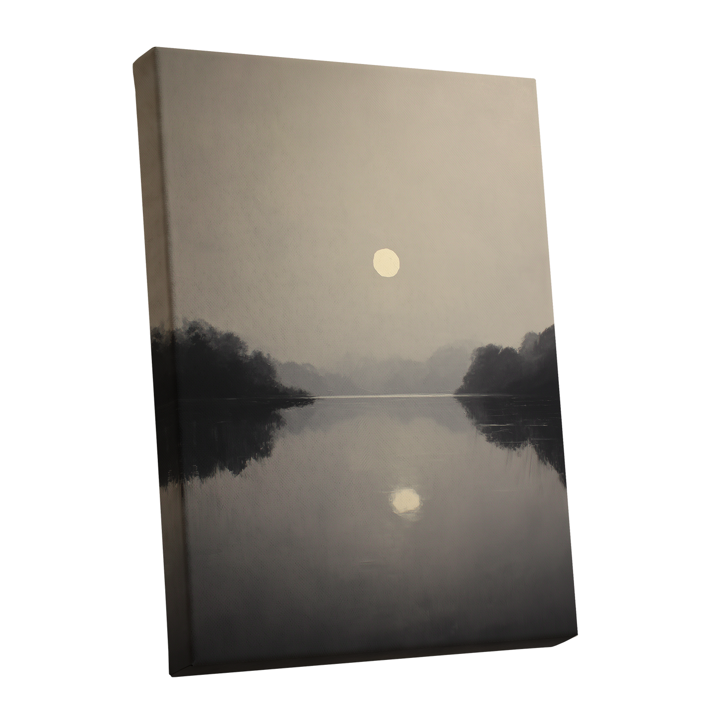 Stillwater Glow, gray, beige, black nature wall art shown as a stretched canvas wall art