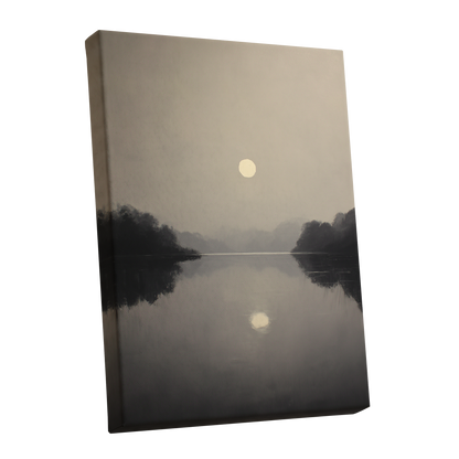 Stillwater Glow, gray, beige, black nature wall art shown as a stretched canvas wall art