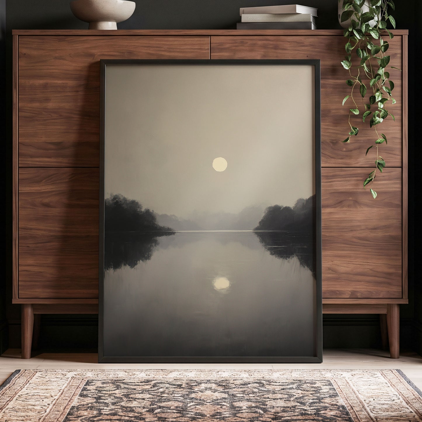 Stillwater Glow, gray, beige, black nature wall art displayed in a styled interior, gallery view 2
