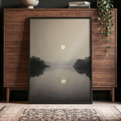 Stillwater Glow, gray, beige, black nature wall art displayed in a styled interior, gallery view 2